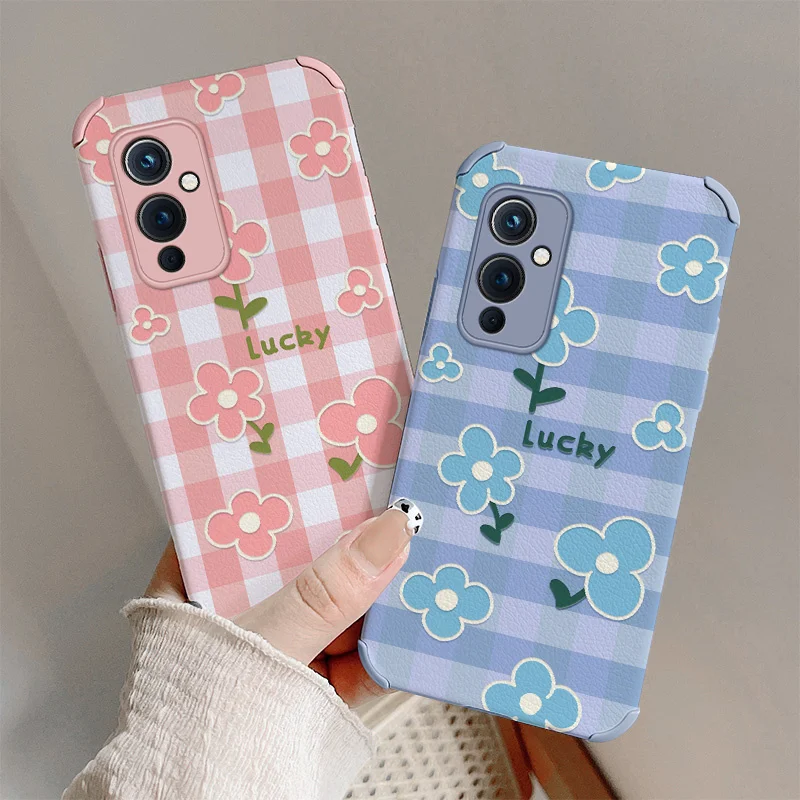

Blue Flower Phone Case For Oneplus 9 9pro 8t 8 8pro Pro Lambskin Four Corners Stick Leather Cover