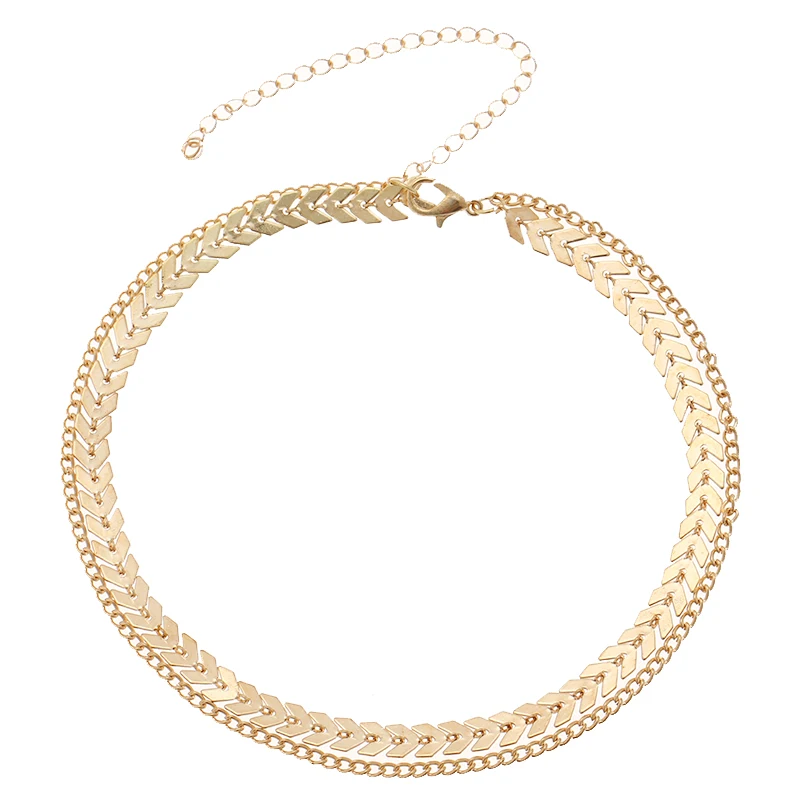 Skute Fashion Double Layer Flat Chain Choker Necklaces Gold Color V Shape Sequins Fishbone Airplane Necklaces for Women Jewelry