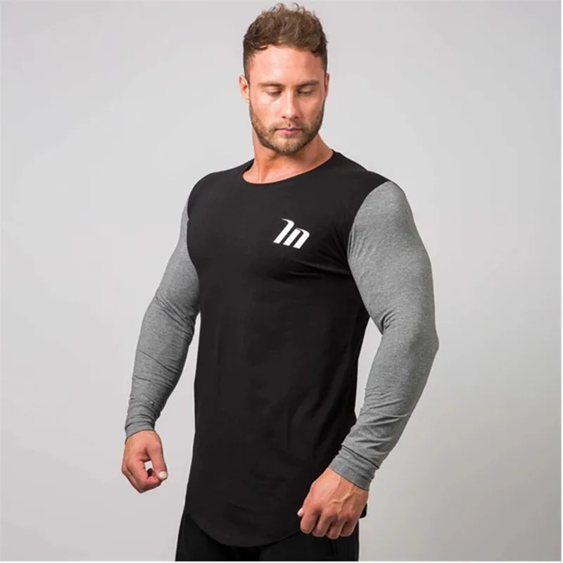 Футболка мужская облегающая с длинным рукавом хлопок пэчворк для спортзала