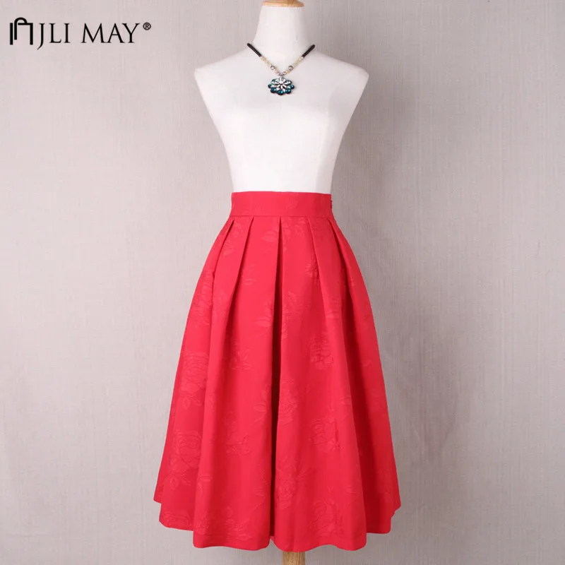

JLI MAY Solid Print Pleated Skirt Autumn Winter Knee-Length Empire Pockets Ball Gown Slim Preppy Style Women Skirts