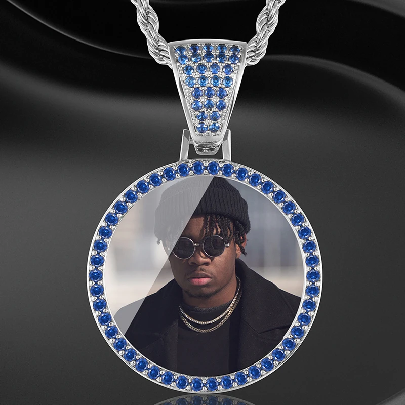 VIP CZP0335 Blue Crystal Custom Picture Memory Medallion Solid Pendant Necklace Hip Hop Jewelry Personalize Cubic Zircon | Украшения и