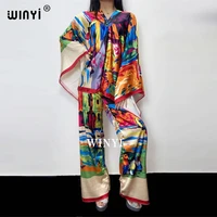 winyi two piece suit bohemian printed over size v neck batwing sleeve dress women elastic silk floor length new fashion tide