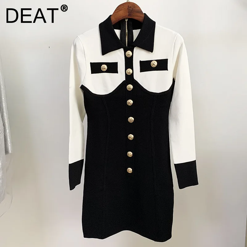 

DEAT 2021 New Women Fashion Black And White Patchwork Lapel Long Sleeve Knitting Pockets High Waist Dress fit Autumn 7E6289