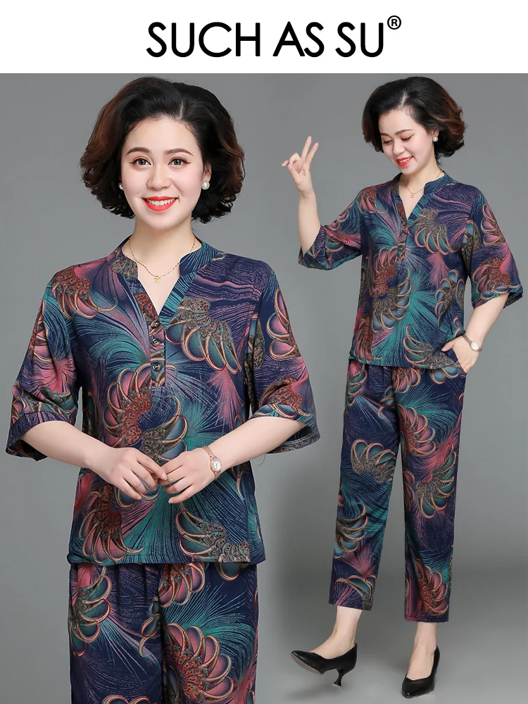 

SUCH AS SU Women 2021 Summer V-Neck Multicolor Temperament Top+Pants Two Piece Suit Casual Ladies Plus Size Mother Suits 15801