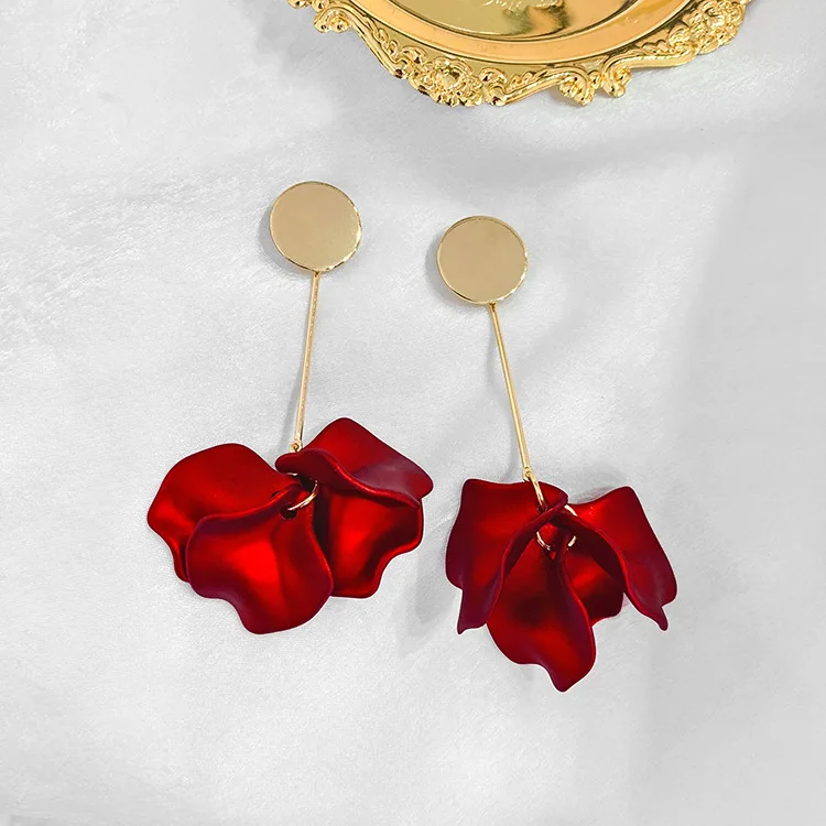 Aretes de mujer, современный стиль, дизайн, большие красные лепестки роз, серьги с кисточками, тренд, темперамент, летние корейские серьги для женщин