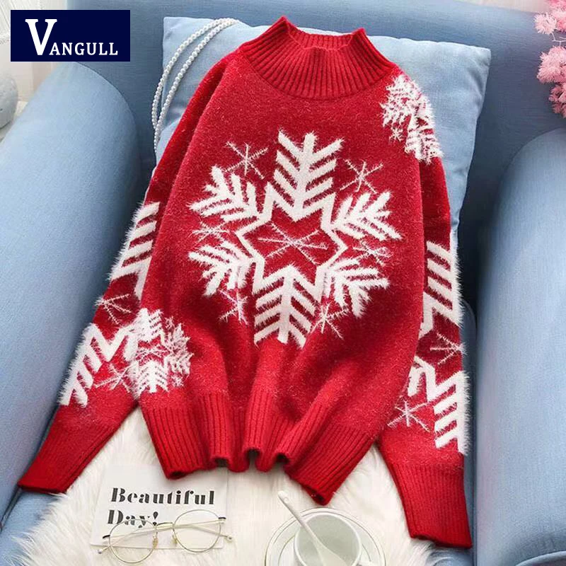 Женский Рождественский свитер Vangull красный вязаный пуловер с полуводолазкой и