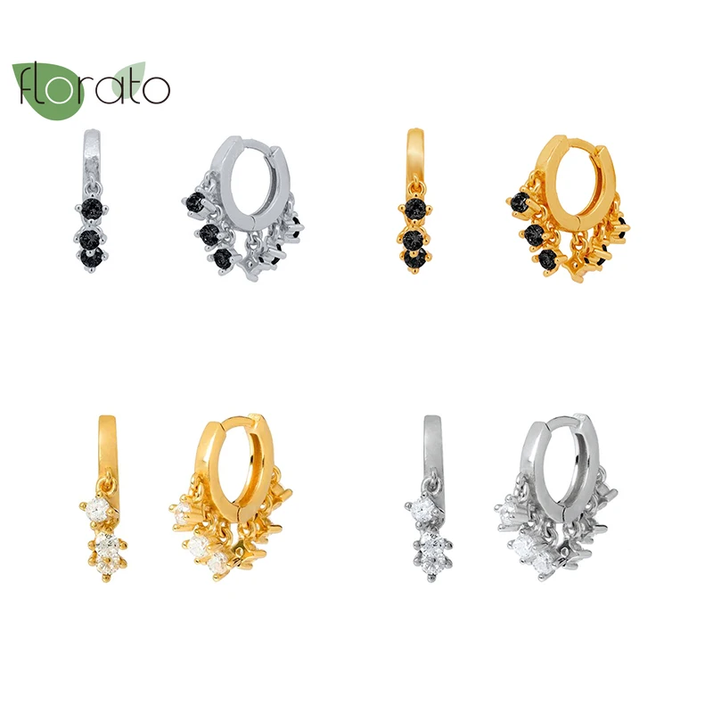 Серьги кольца Huggies женские из серебра 925 пробы с черными и белыми