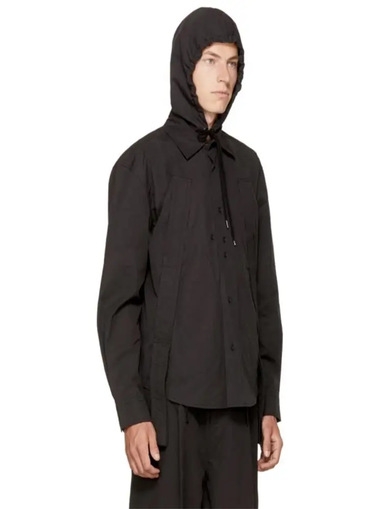 Fall/Winter Men's Long Sleeve Shirt with Cap, Square Neck, Round Plank, Black Long Sleeve, Pure Cotton Shirt, Premium Plus Shirt