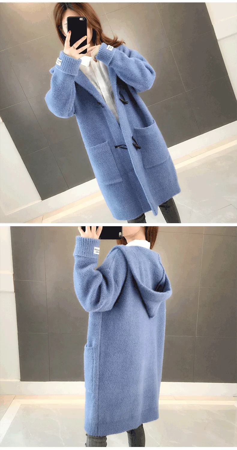 Autumn new imitation water jacket jacket female long section horn buckle solid color long sleeve ladies sweater knit