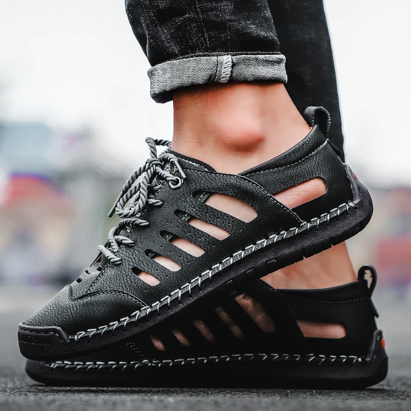 Big Size Men Leather Beach Sandals Outdoor 2022 Summer Handmade Shoes Breathable Casual Footwear Walking | Обувь