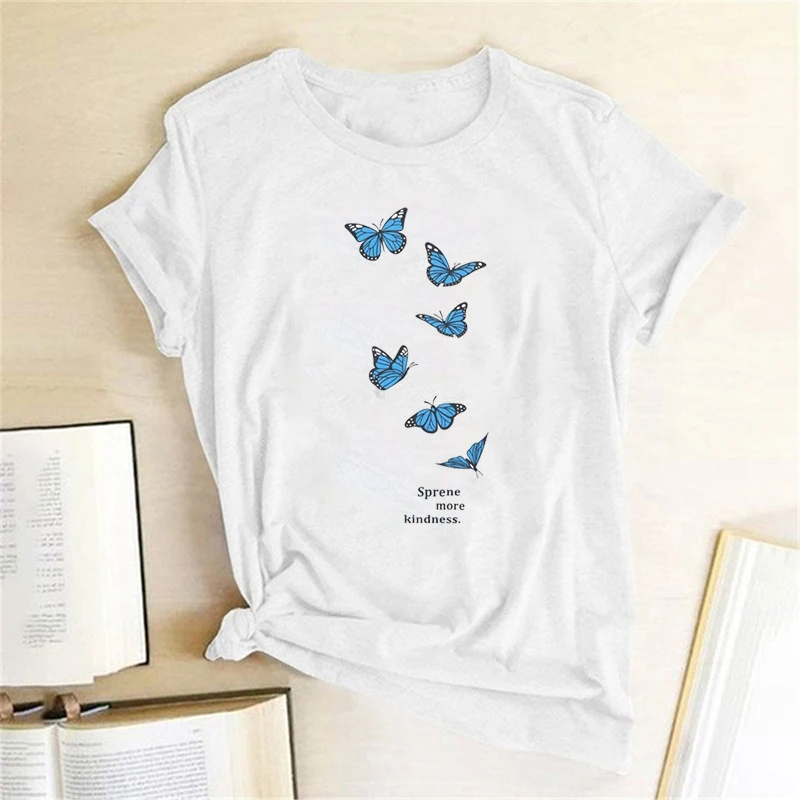 

Sprene More Kindness Butterfly Graphic Tee Summer Fashion 100% Cotton O Neck Casual Funny Kawaii Cute White Women Tee T-Shirt