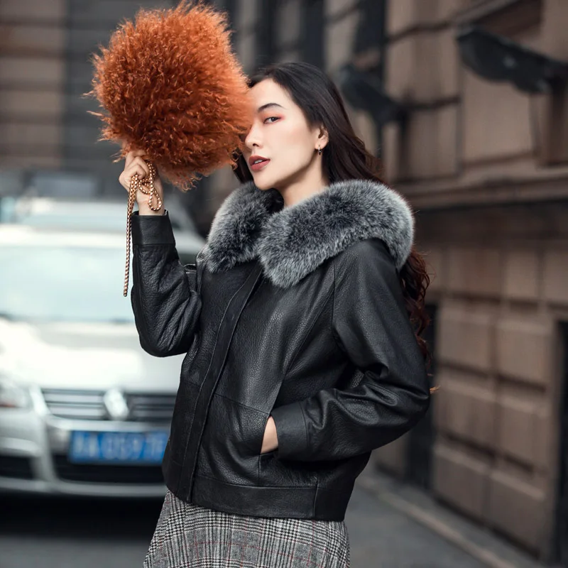 Женский короткий пуховик из натуральной кожи корейский овчины с воротником
