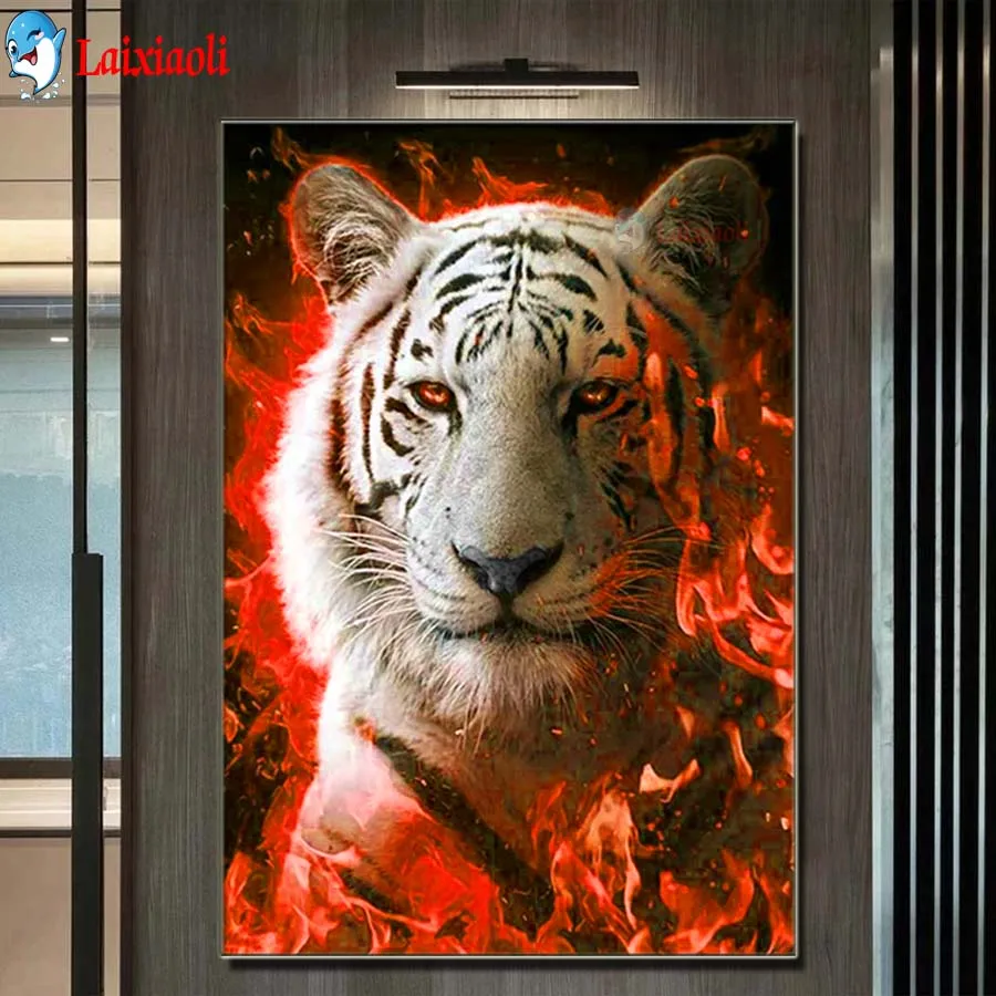 

Full square rhinestone 5D round diamond painting fire animal pattern mosaic big cat tiger diamond embroidery home decoration