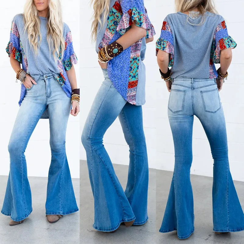 

New Women Streetwear Fashion gradient color Sexy Slim jeans Female Stretch Wide leg Casual denim Trousers