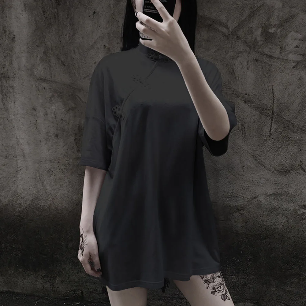 Женская длинная рубашка Cheongsam в китайском стиле с пуговицами и коротким рукавом