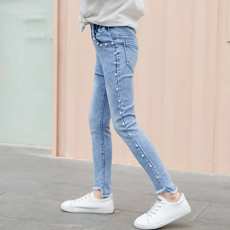 Джинсы 7/8 новая одежда для маленьких девочек с жемчугом и джинсовые брюки 2021