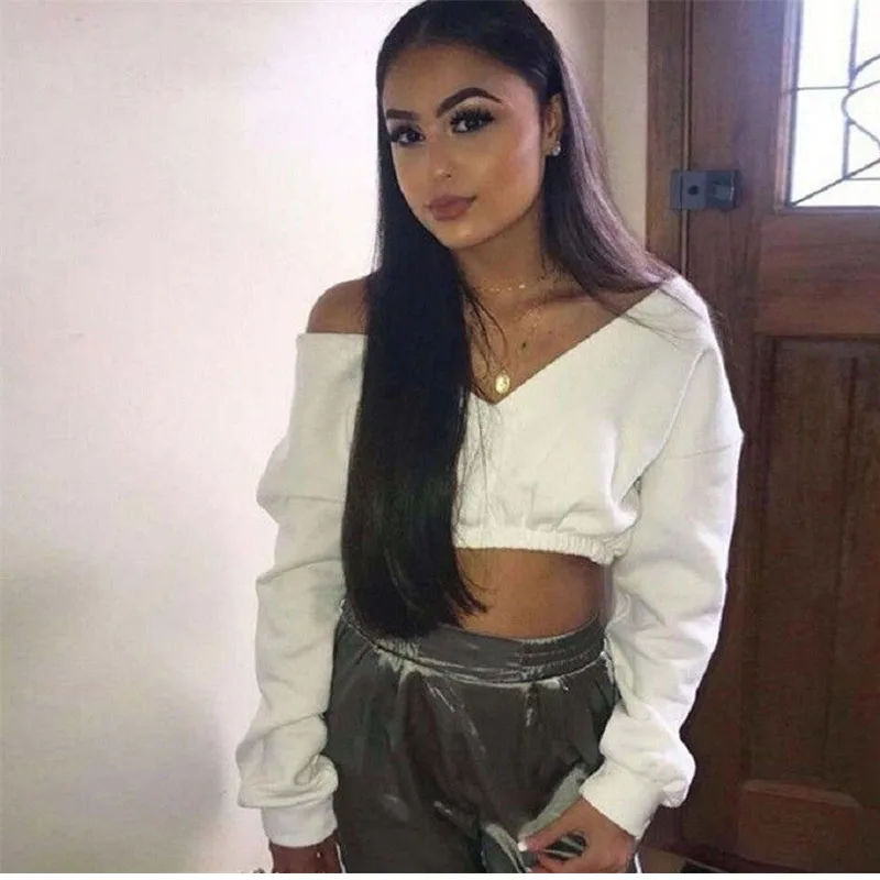 Autumn Women Sexy Deep V-Neck Off Shoulder Long Sleeve Solid Crop Hoodies Short Sweatshirts Tops High Street Wear