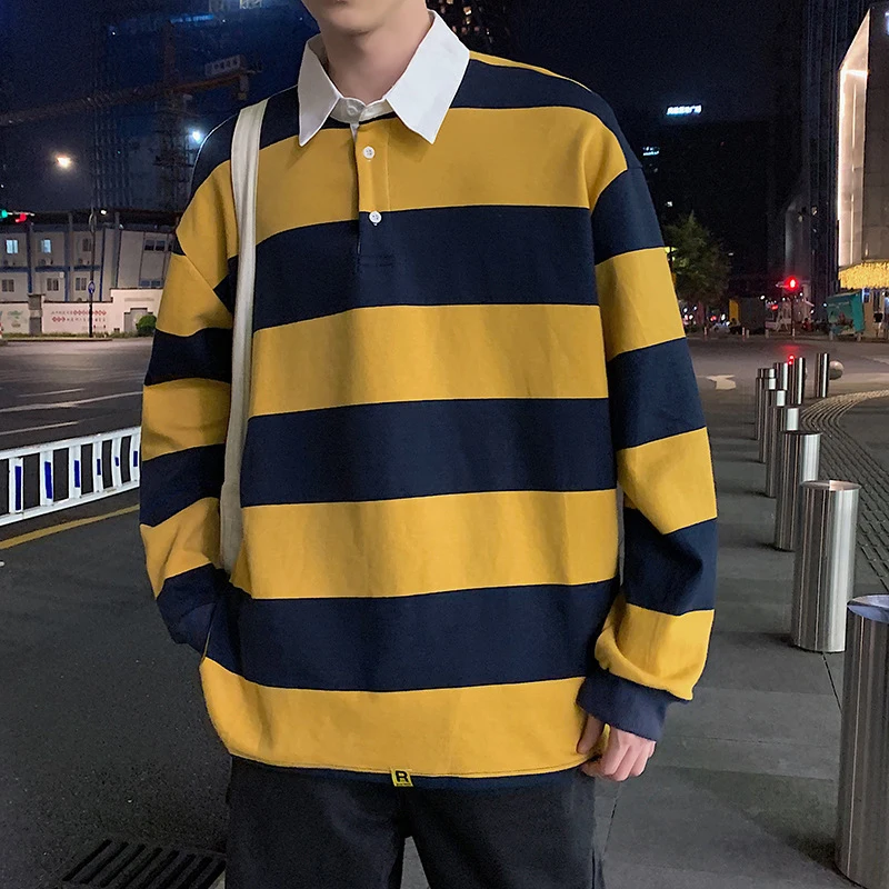 

Autumn Spring Vintage Striped Long Sleeve Men Polo T Shirts Fashion Turn-down Collar White Black Yellow Oversized 2022 Clothes