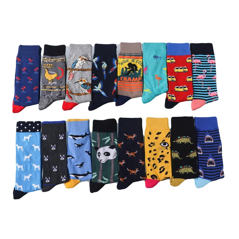 

Cute Colorful Elements Animal Pattern Such as shark and fox and panda Flamingo And other animal socks And car pattern socks