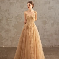 golden luxioury beaded evening dress v neck spaghetti strap prom gown a line party dress