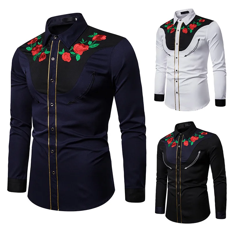 Мужская рубашка Camisa Masculina, модная, стильная, с вышивкой, рубашка с длинными рукавами с вышитыми розами в американском западном стиле