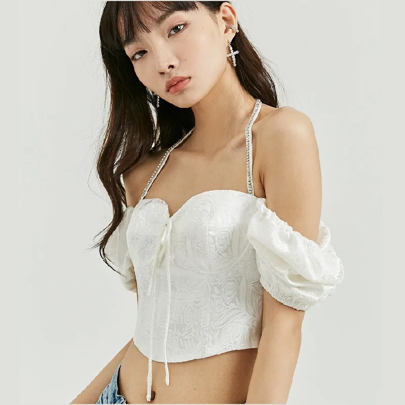 2021NEW French retro square collar palace style neck jacquard top, one-shoulder all-match slim slimming short-sleeved T-shirt