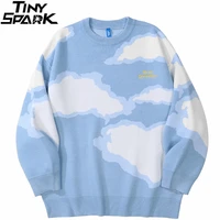 men hip hop streetwear knitted sweater harajuku cloud embroidery letter pullover 2021 autumn cotton casual sweater blue black
