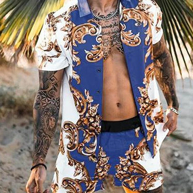 

Summer Beach Men Sets Printed Short Sleeve Streetwear Lapel Shirt Fashion Shorts Casual Men Hawaiian Suit 2 Pieces 2021