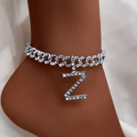 luxury rhinestone a z letter initial anklets for women summer beach cuban link chain ankle bracelet 2021 barefoot chain jewelry