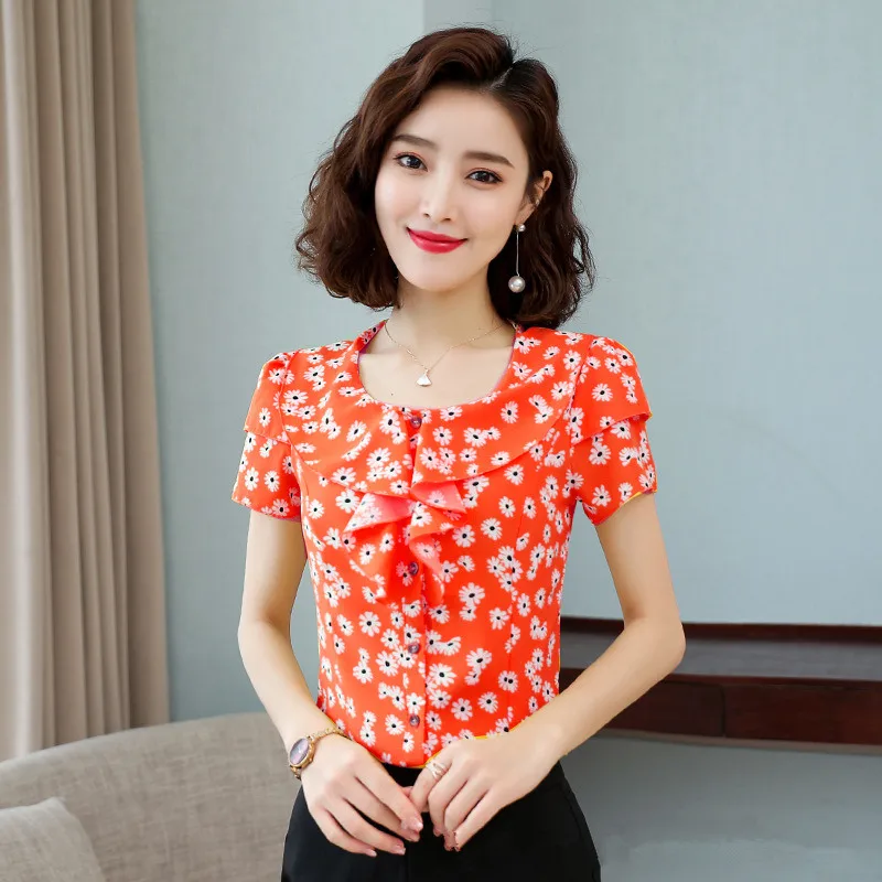 Женская шифоновая рубашка с коротким рукавом круглым вырезом | одежда