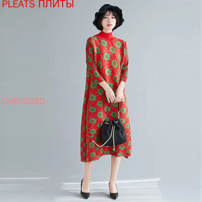 

Miyake Folds 2022 New Style Early Spring large Size Three-quarter Sleeve Dress Temperament Floral Dress Female Mid-length PLEATS