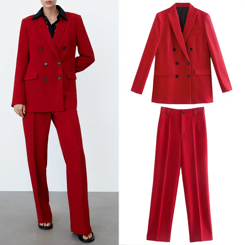 

Za Blazer Women Suit 2021 Office Business Double breasted Blazer Coat Tops+ Hight Wasit Pants Casual Commute Loose 2-piece set