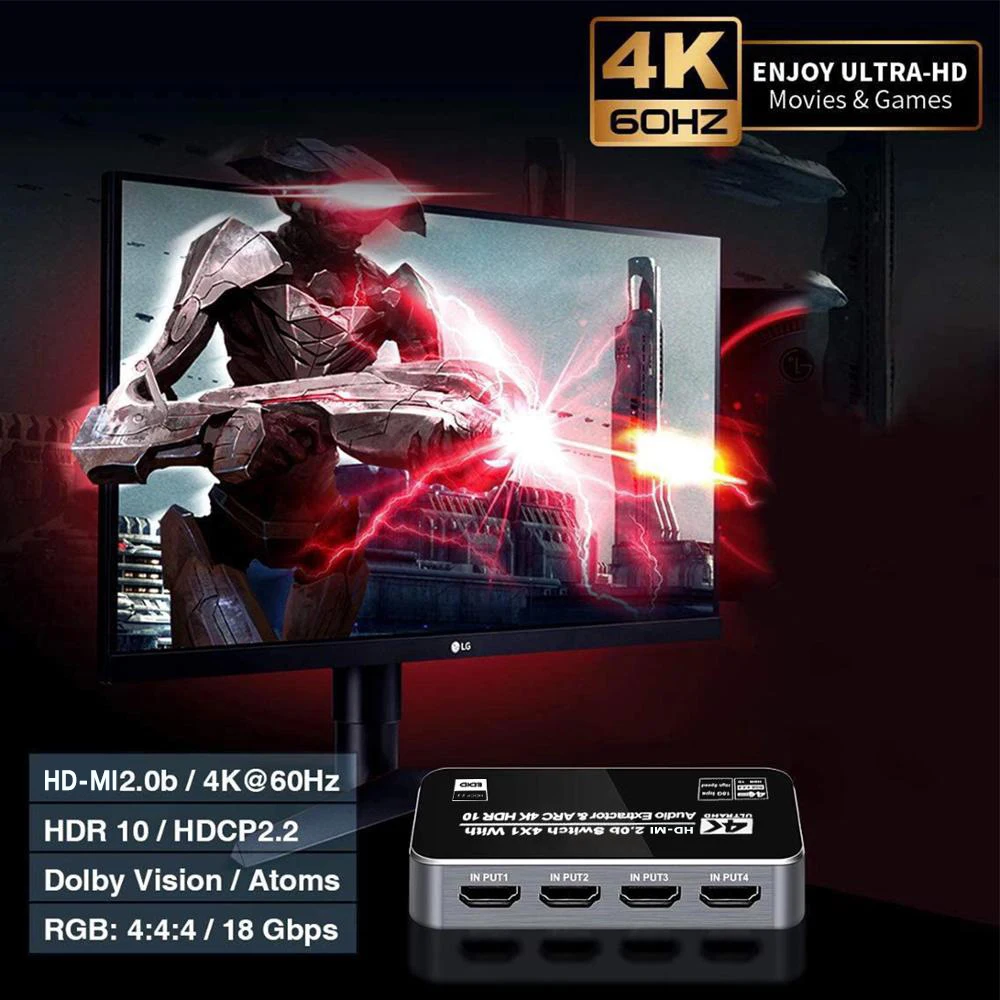 4K60Hz 4 Порты HD MI 2.0b коммутатор коробка в 1 с оптическим 3 5 мм стерео аудио выход