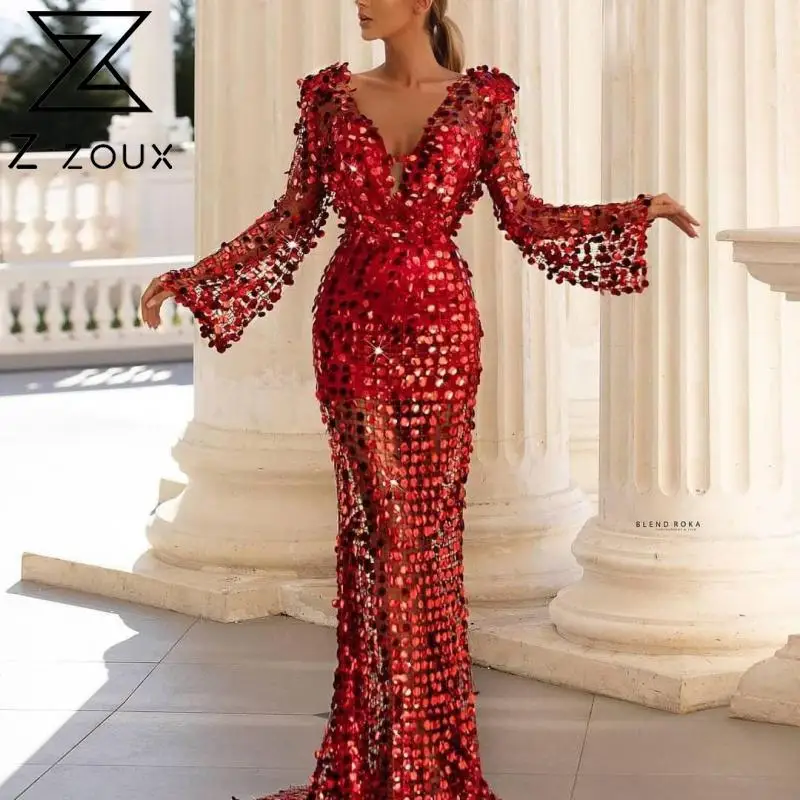 

Z-ZOUX Women Dress Temperament Sequin V Neck High Waist Wrap Hip Evening Host Bride Toast Maxi Dresses Autumn 2021 Autumn Spring