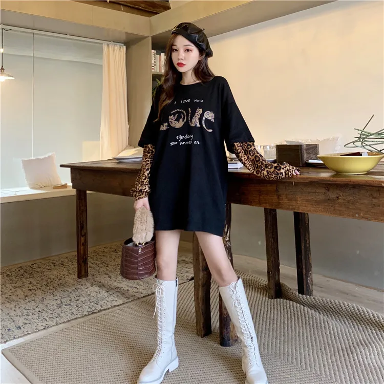 

T shirt for Women Clothing Loose t-shirt sleeve with Leopard print stitching DM001