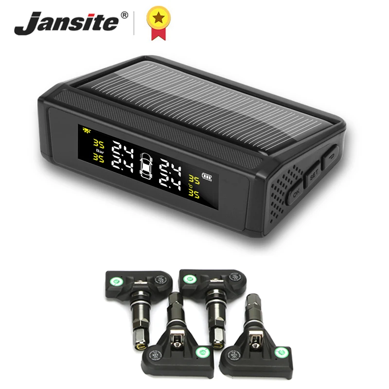 Jansite TPMS Wireless Car Tire Pressure Monitoring Intelligent System Solar Power charge LED Display with four Internal Sensors
