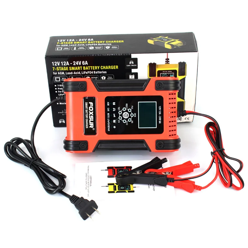 12V 6A Intelligent Car Motorcycle Battery Charger For Auto Moto Lead Acid AGM Gel VRLA Smart Charging With Digital LCD Display