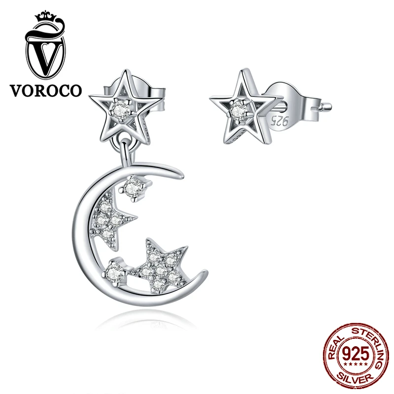 Серебряные серьги VOROCO BKE813 блестящие серебряные гвоздики в виде звезды и Луны