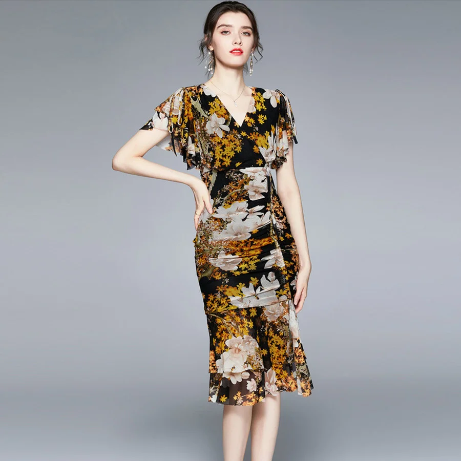 

BoozRey Printed Mesh Drawstring Slim Wrap Hip Lotus Sleeves V-neck Mermaid Dress Summer Women Party Dressess 2021 Evening