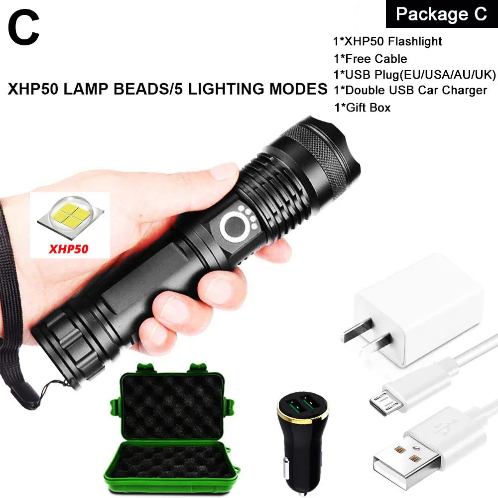 EZK20 дропшиппинг XHP90 светодиодный светильник-вспышка с зумом USB Перезаряжаемый мощный дисплей мощный фонарь 18650 26650 ручной светильник - Испускаемый цвет: Package C-XHP50