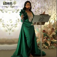 Lorie vestido de noite verde esmeralda, decote em o, frisado, manga comprida, cetim, sereia, vestido de baile muçulmano, árabe, vestidos formais para festa (4)