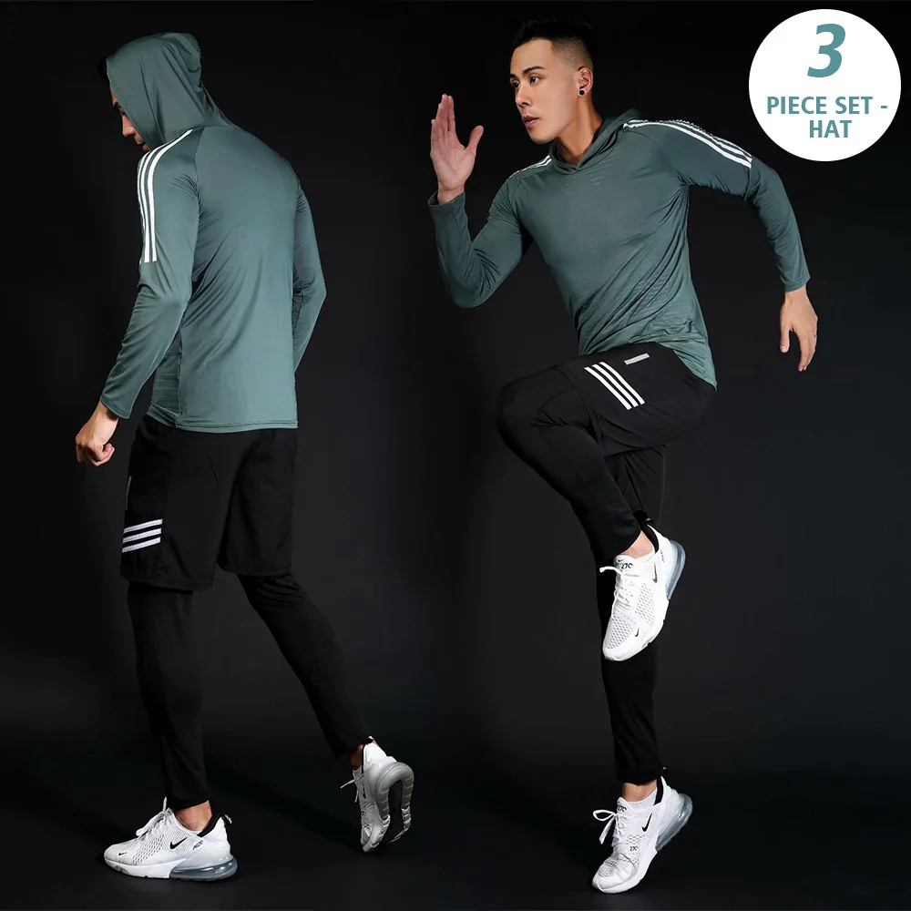 3 piece set - blue YD-FU, мужская спортивная одежда для фитнеса, тренажерного зала, тренировочная одежда, спортивные костюмы для бега, спортивная одежда, сухая посадка - Цвет: 3 piece set - blue