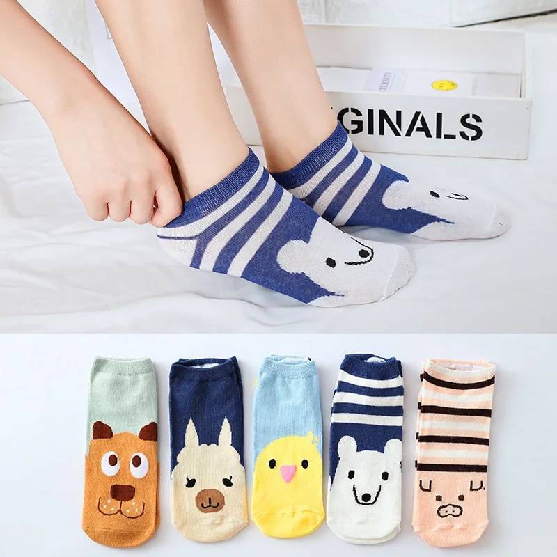 

5 Pairs 1 Lot Women Socks Cotton Cartoon Cat Fox Rabbit Socks Pack Cute Animal Print Funny Ankle Socks Set Ladies Invisible Sock