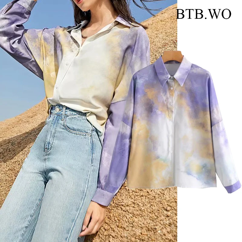 

BTB.WO Za Blouse Women 2021 Tie-Dyed Print Blouse Long Sleeve Elegant Tunic Tops Turn Down Collar Female Shirts Blusas Chic Tops
