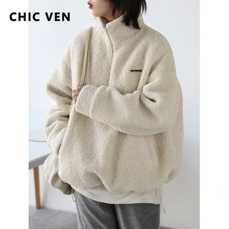 

CHIC VEN Street Casual Stand Collar Half Chain Faux Lamb Wool Coat Turtleneck Women's Fleece Jacket Winter Thick Warm Sweatshirt