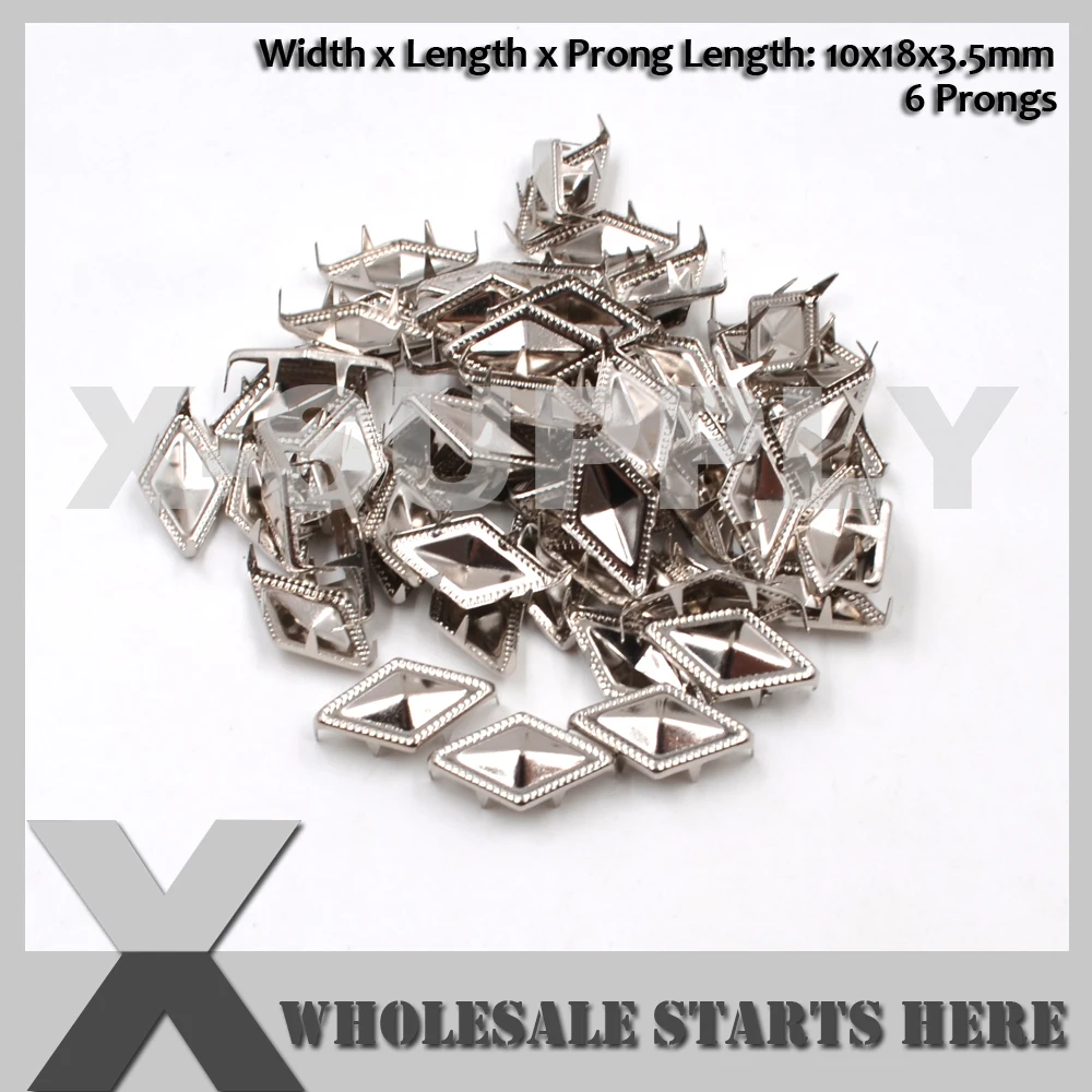 10x18mm Diamond Silver Nickel Metal Prong Studs With 6 Prongs For Leather Bags Belt Shoes