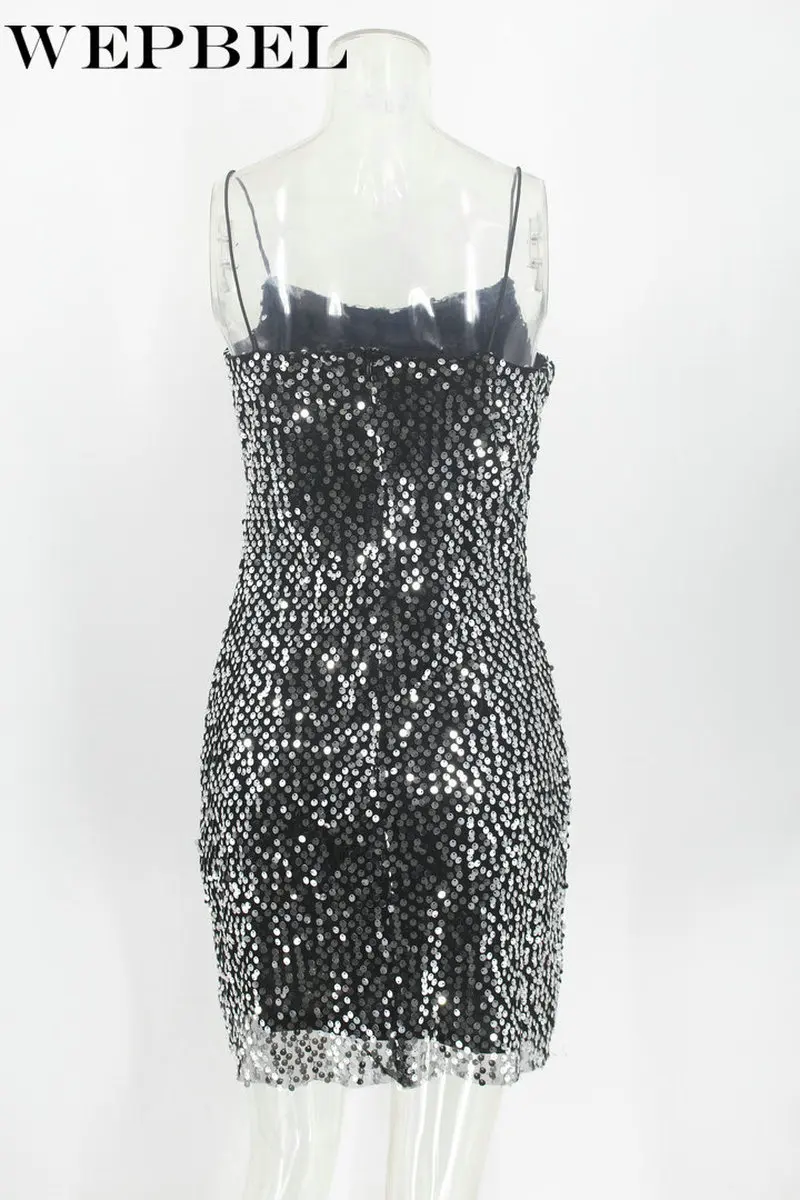 

Mandylandy Women Summer Sexy Sequins Sling Dress Casual Lady Elegant Sleeveless Halter Mini Dress Party Dress