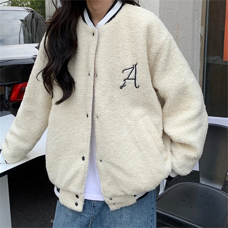 

Lamp Velvet Hoodies Cardigans Women Letter Embroidery Padded Thick Jacket Winter Loose Oversized Warm Single Breasted Coat H772