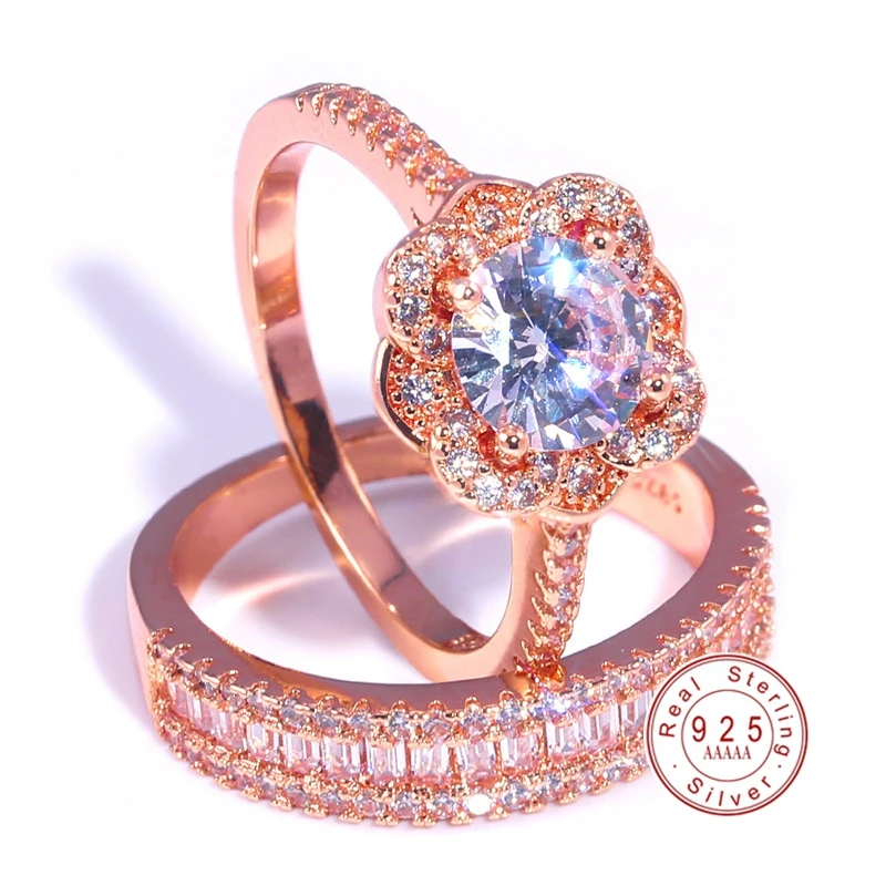 Женское кольцо с кристаллами в форме цветка обручальное из розового золота