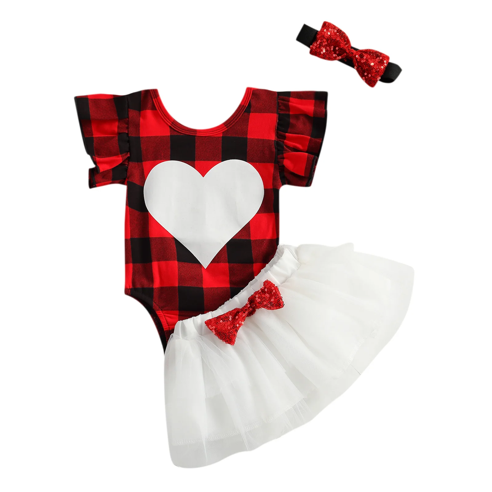 

OPPERIAYA Baby Girls Three Piece Valentine's Day Outfits Fresh Plaid Heart Bodysuit and Sequin Bow Gauze Skirts with Headband